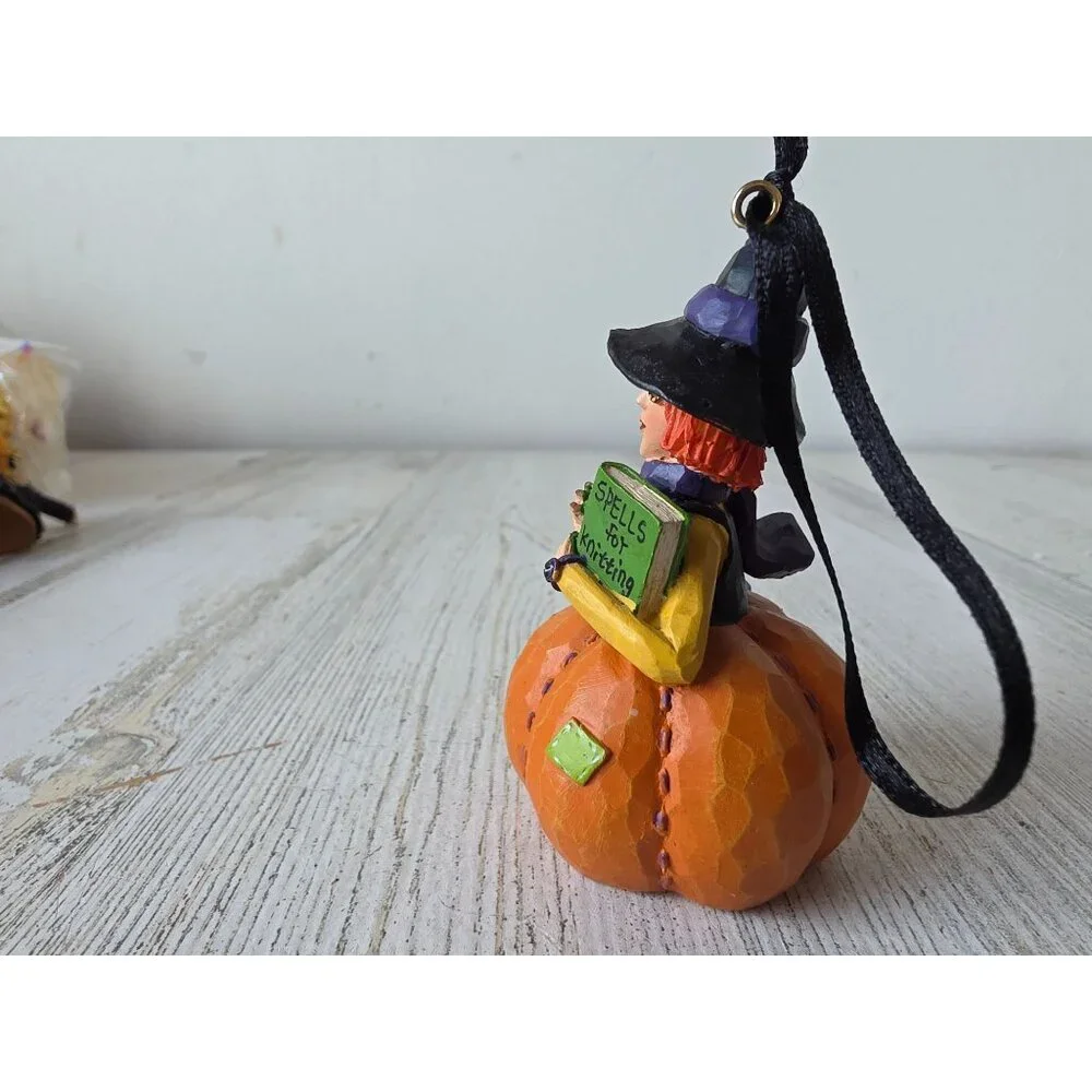 Knitter witch Halloween ornament spells‎ cute pumpkin tree